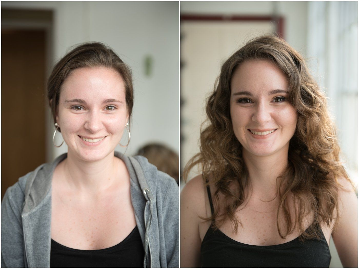 Side-by-side portrait photos of the same woman smiling, one with straight hair and one with curly hair