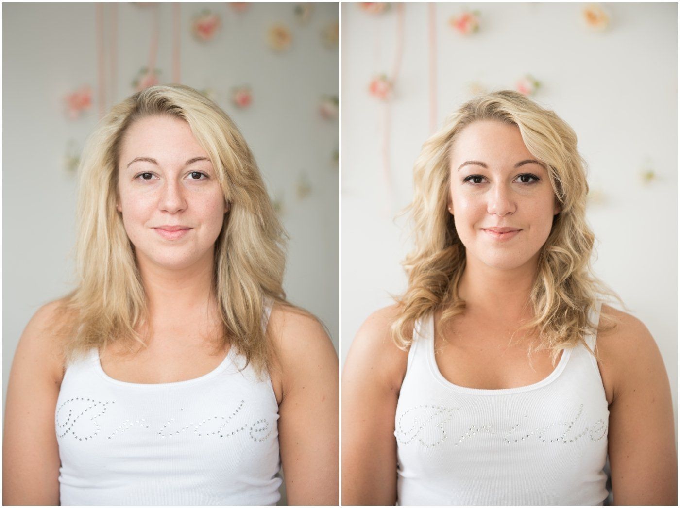 Side-by-side portrait of a blonde woman before and after makeup, in a softly lit studio setting