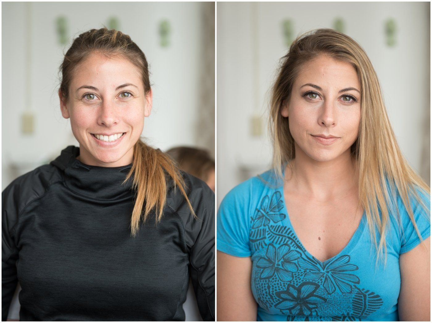 Side-by-side portraits of the same woman, one in a black top and one in a blue top, both smiling.
