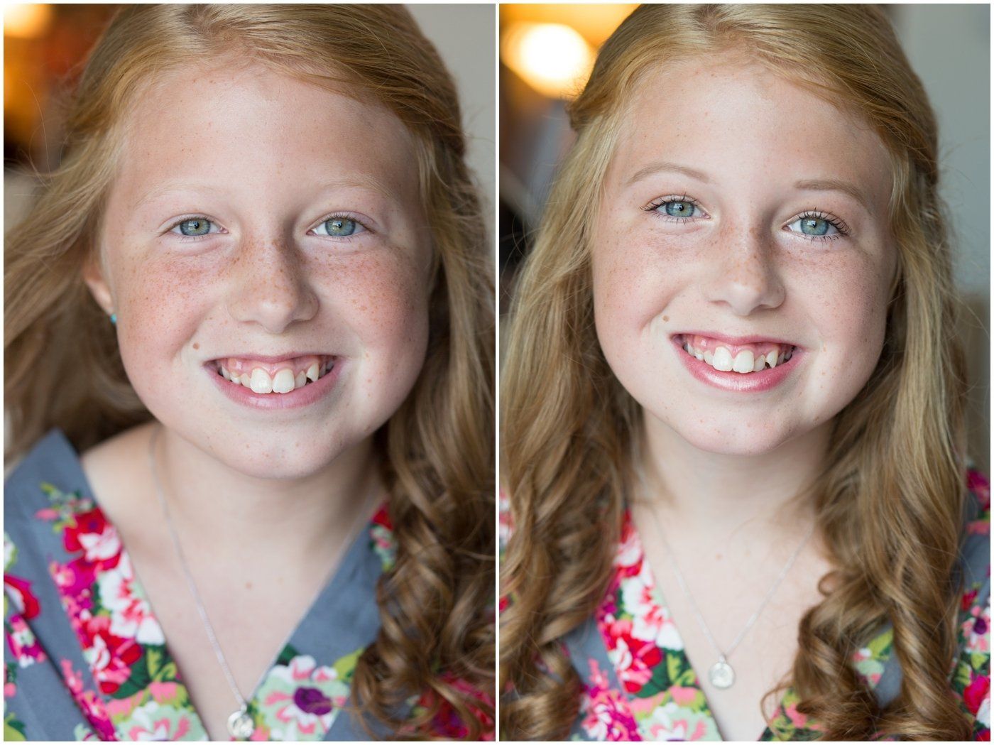 Side-by-side close-up portraits of a smiling child with braided blonde hair, wearing a floral top.