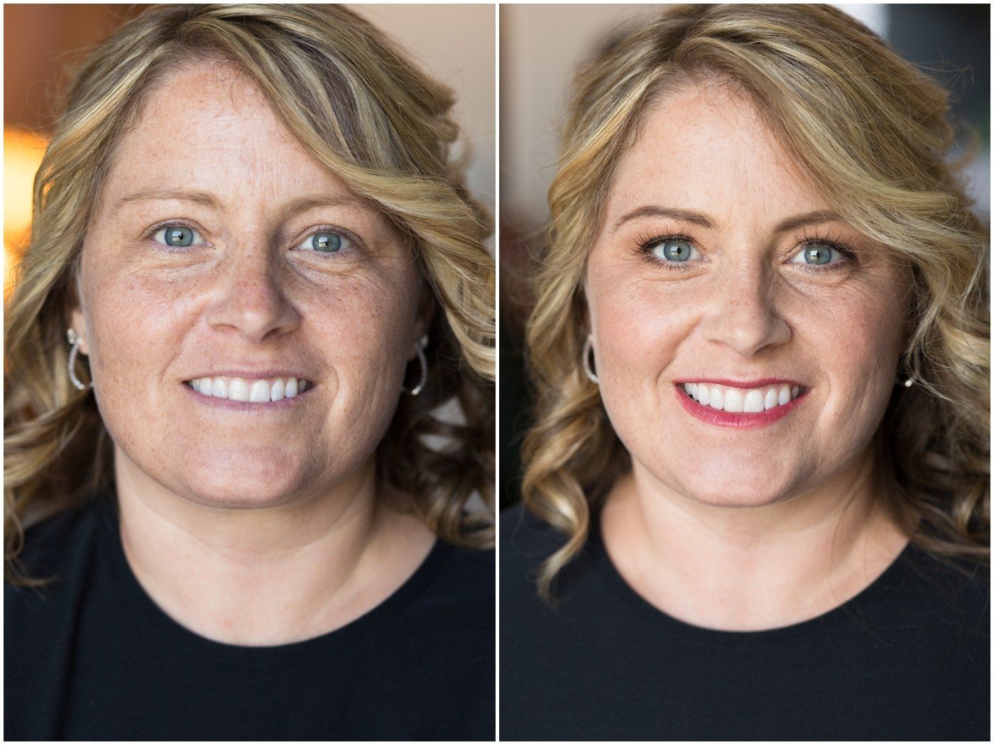 Side-by-side portrait of the same woman, before and after makeup, smiling against a neutral background
