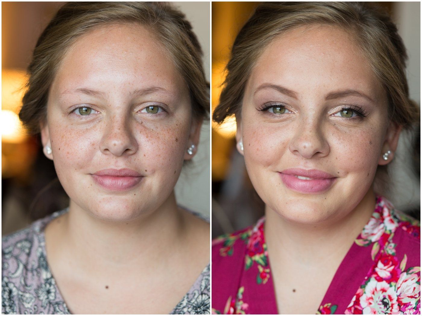 Before-and-after portrait of the same woman, showing natural makeup versus polished makeup in pink floral top