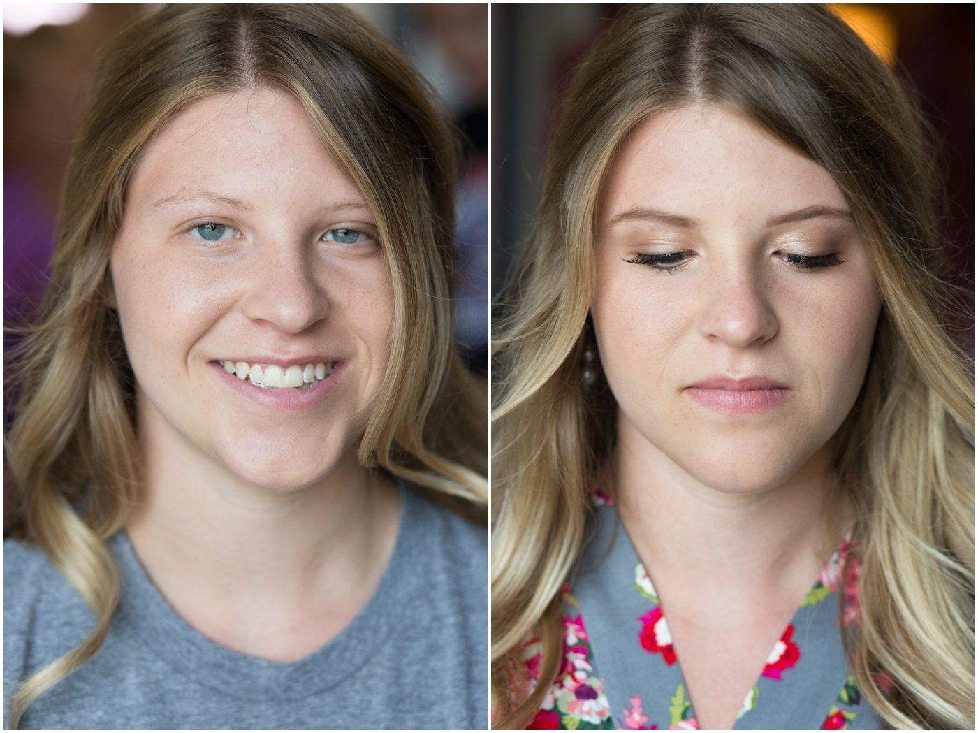 Two side-by-side portrait photos of the same person, smiling in one and looking down with eyes closed in the other.
