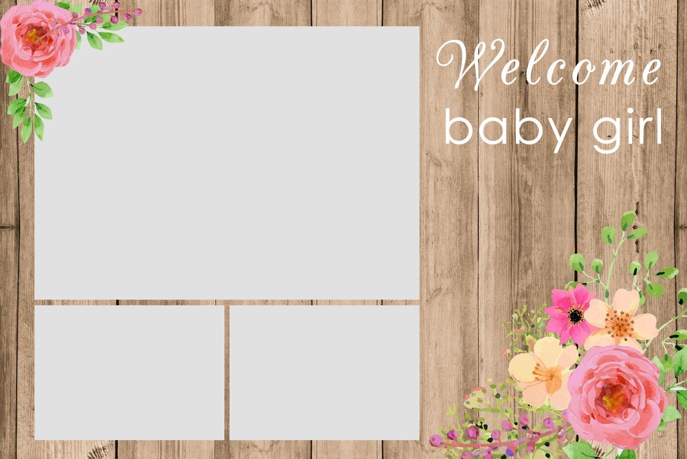 Welcome baby girl floral photo frame with wood background and pink flowers