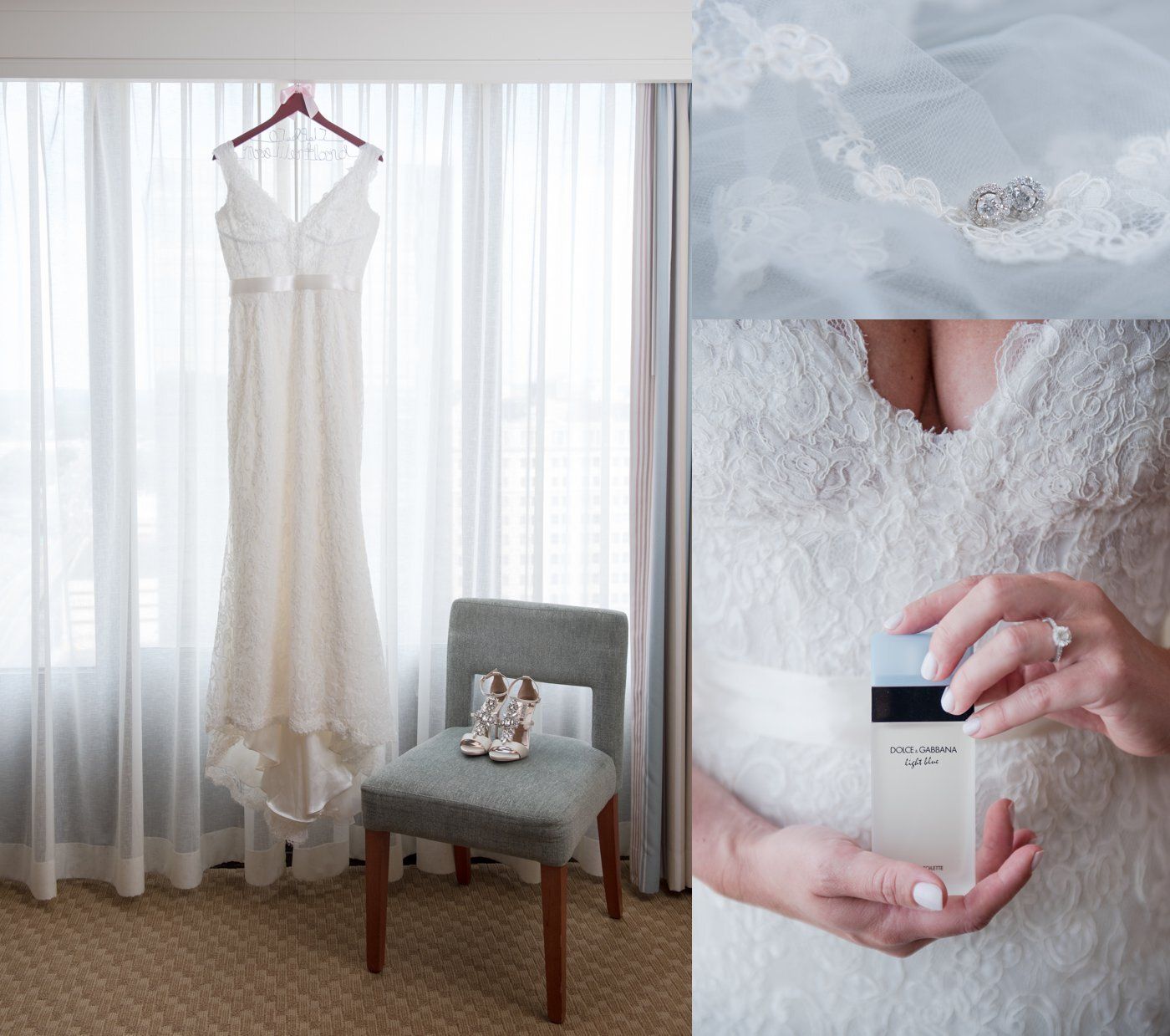 White lace wedding dress hanging by a window beside a chair, with a close-up of a hand holding a perfume bottle.