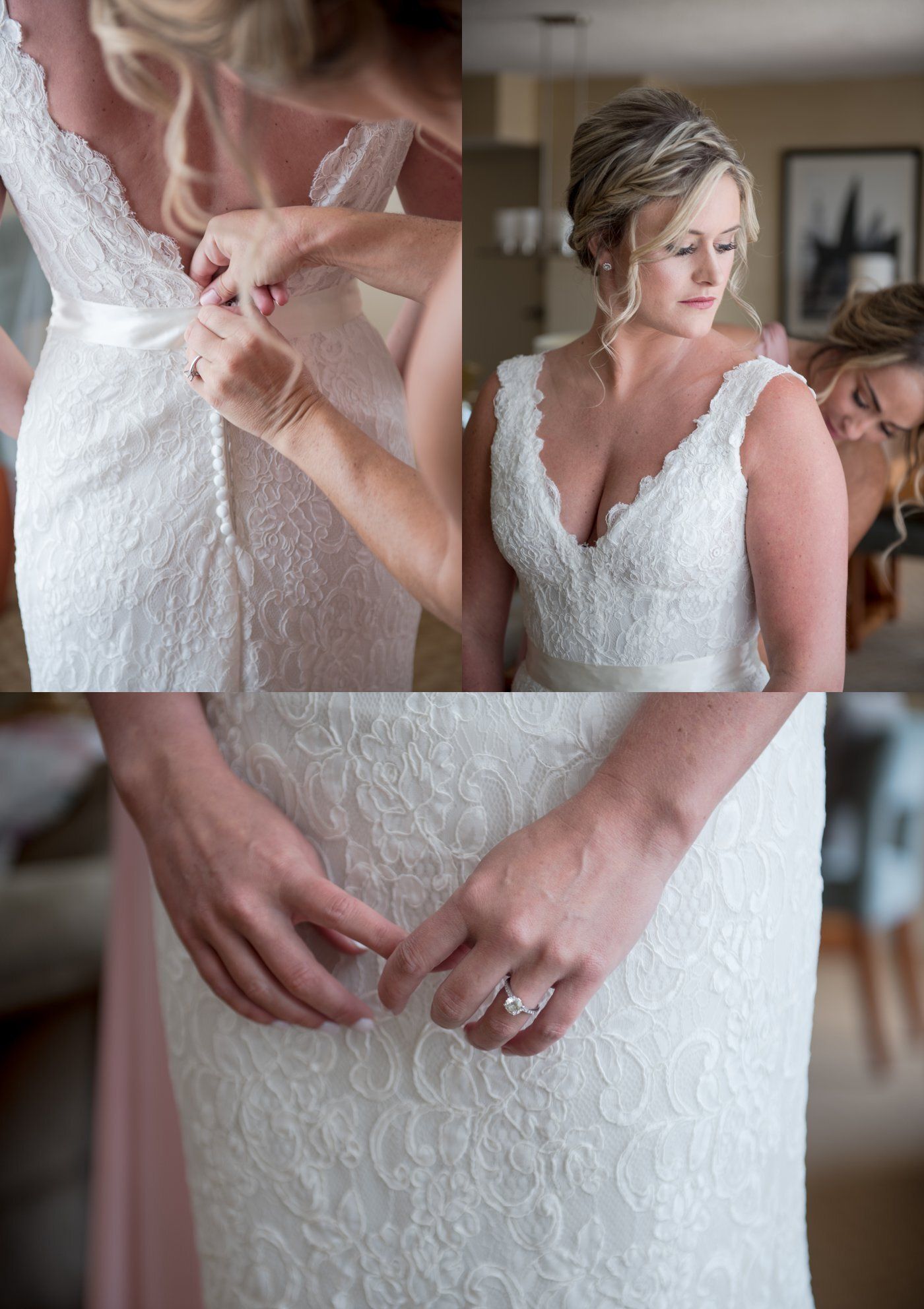 Bride fastening a white lace wedding dress, close-up collage of dress details and hands.