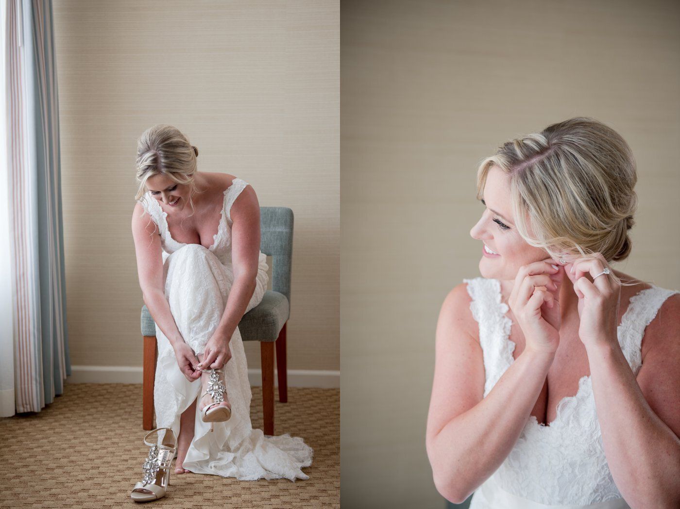 Woman adjusting a white dress in a bright room, with a soft-focus mirror reflection beside her.