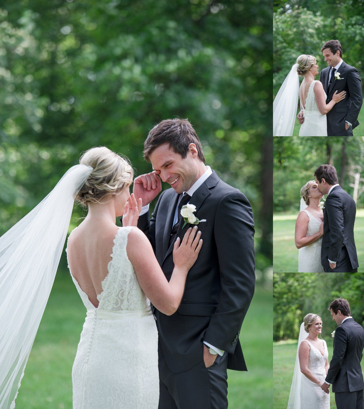 Bride and groom sharing a tender moment outdoors, with a collage of wedding portraits on the right.