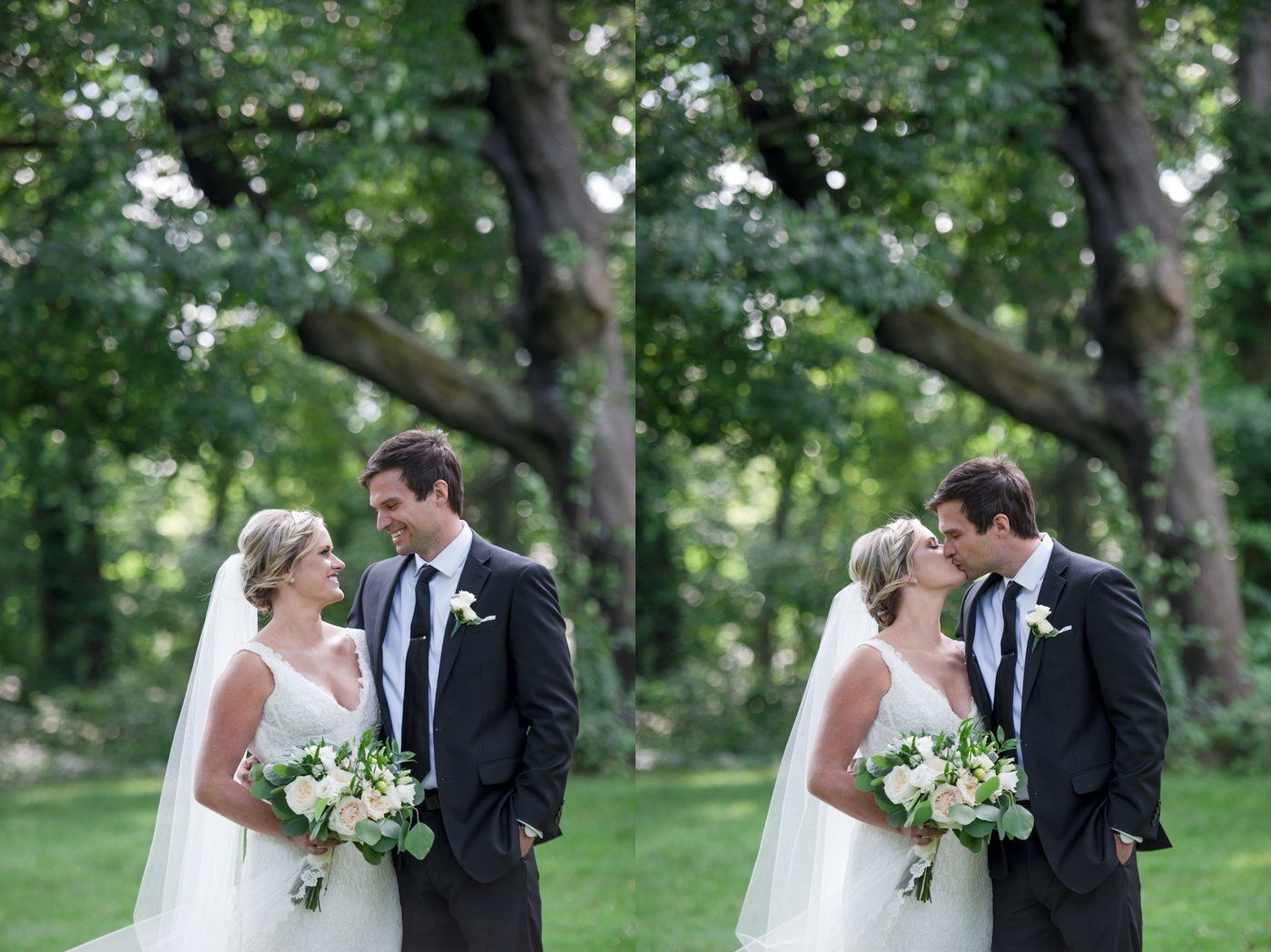 Bride and groom share a kiss in a green outdoor garden wedding setting