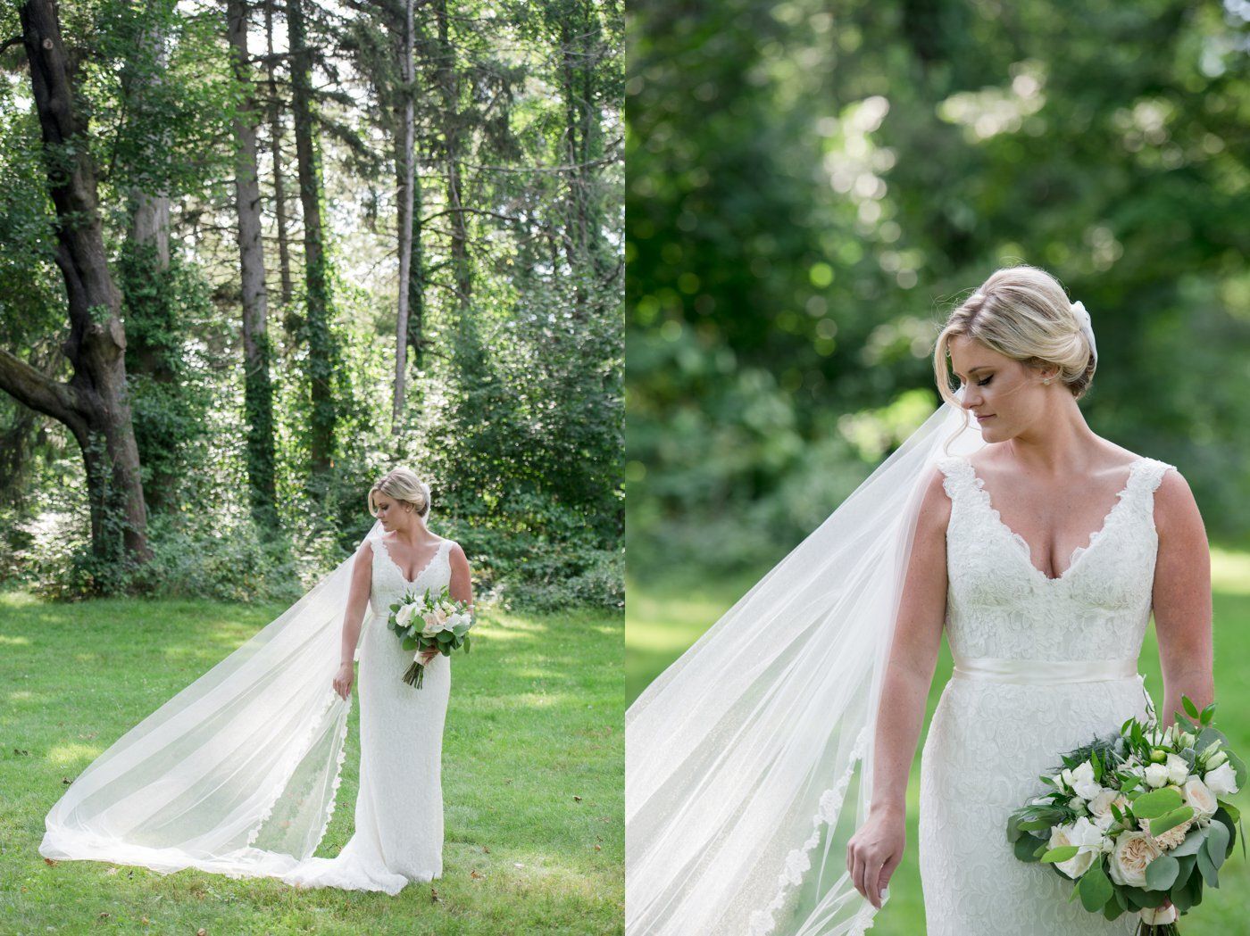 Bride in a white lace gown holding a bouquet in a green forest setting