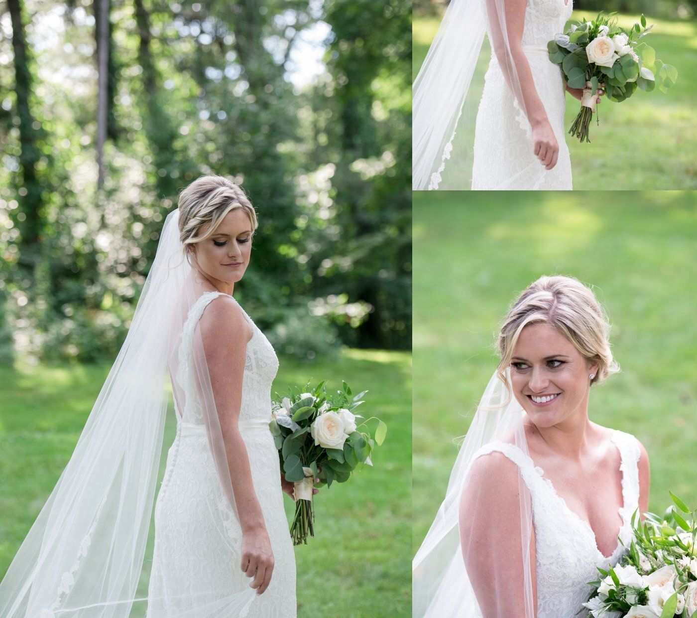 Bride in a white gown and veil holding a bouquet in a sunlit forest wedding portrait collage