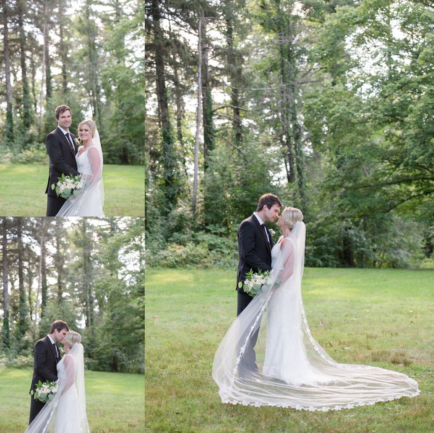 Wedding couple kissing in a green forest, bride in white gown with long veil
