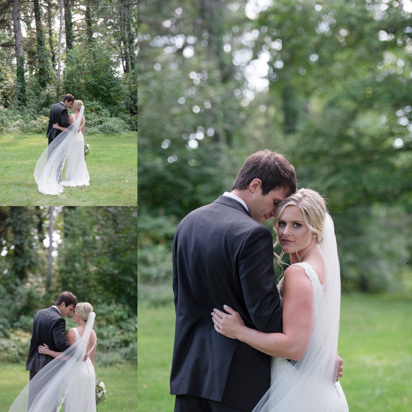 Bride and groom embracing in a wooded outdoor wedding portrait collage