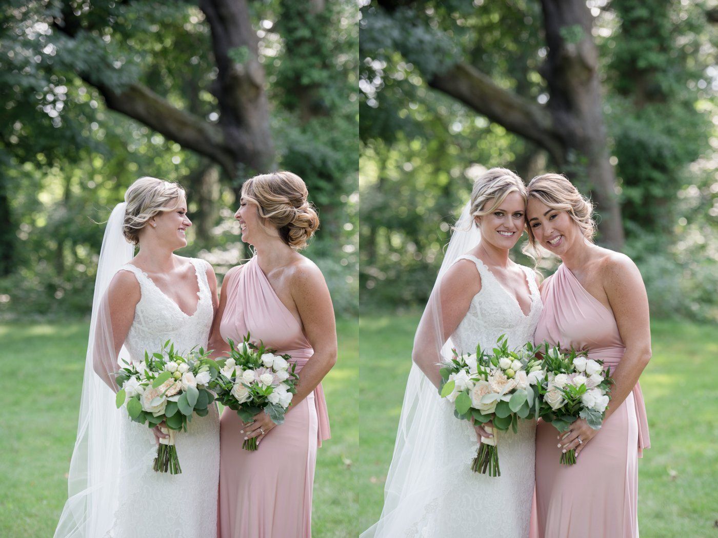 Two brides in white and pink dresses holding bouquets in a garden, smiling at each other