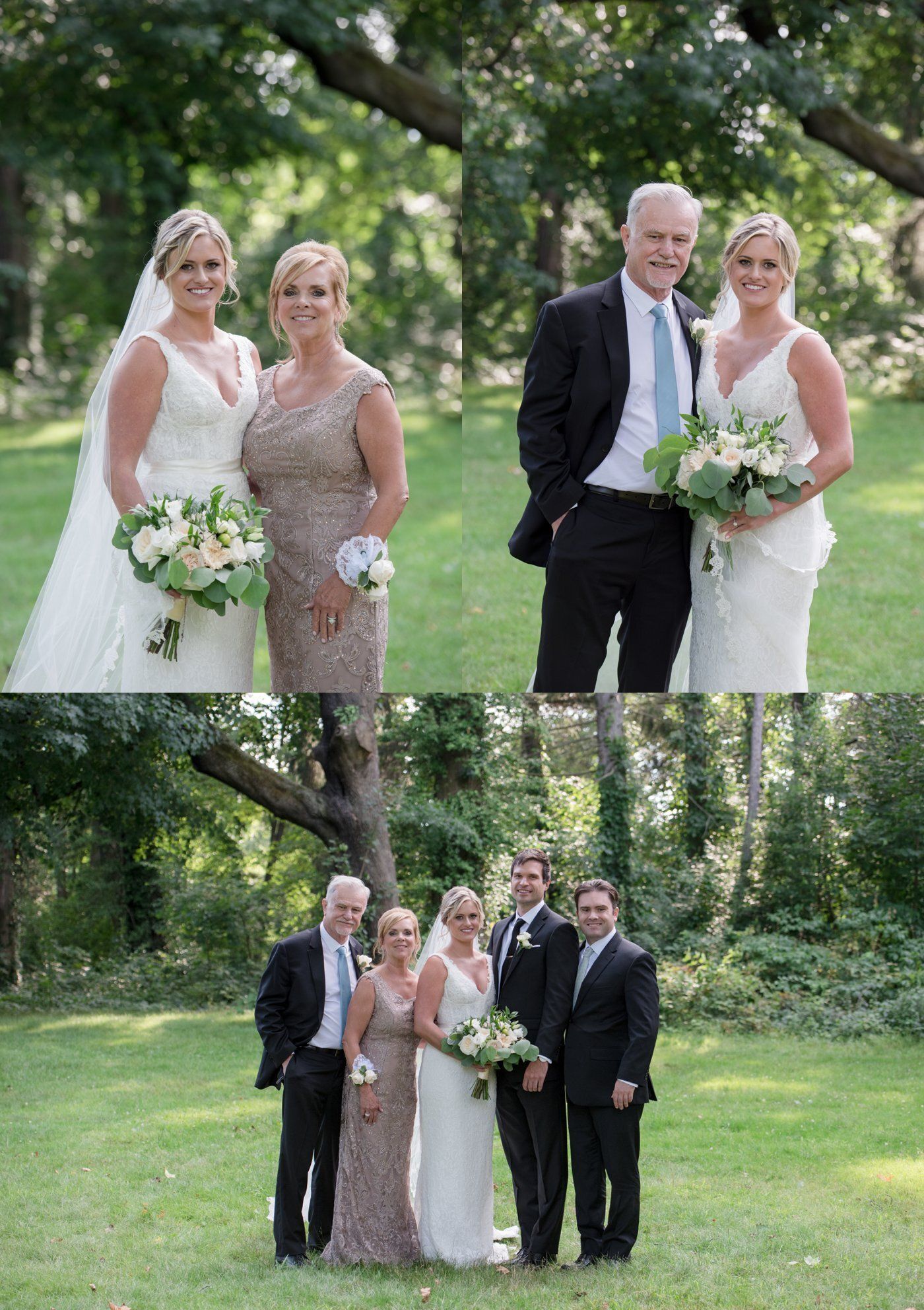 Wedding party posing outdoors on a grassy lawn with trees, holding white bouquets.