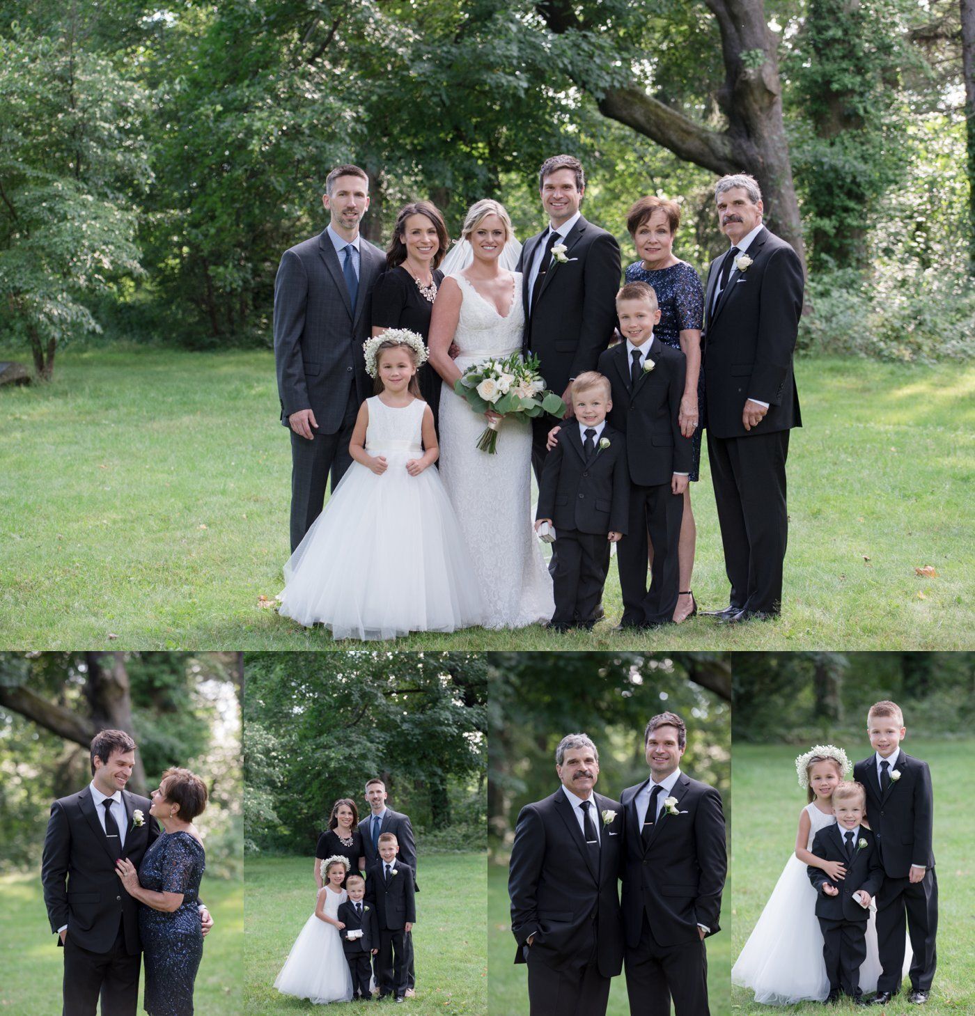 Wedding party posing in formal attire in a leafy park; three group shots are shown.