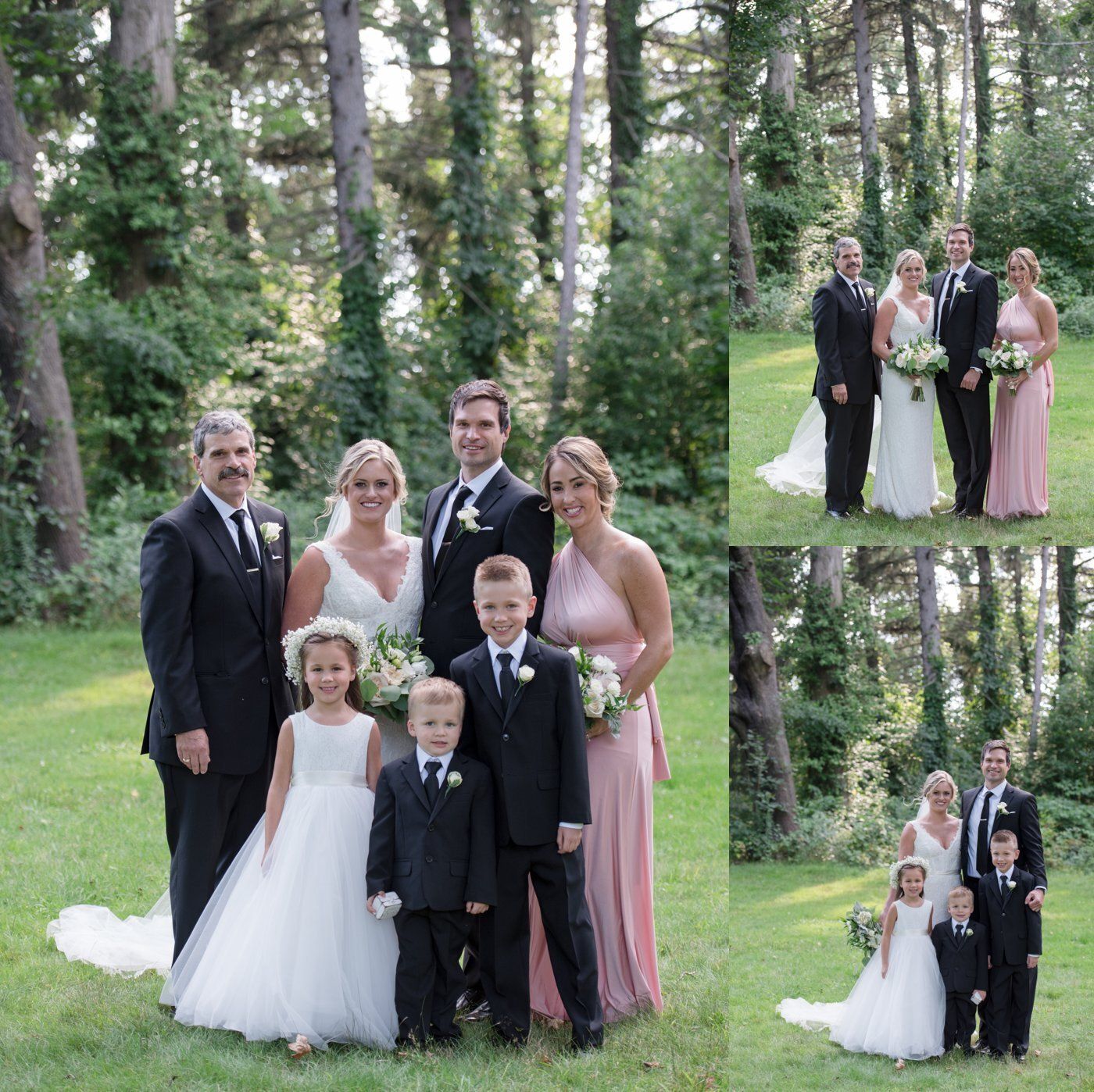 Wedding party posing outdoors in a forest, with smaller family portraits on the right