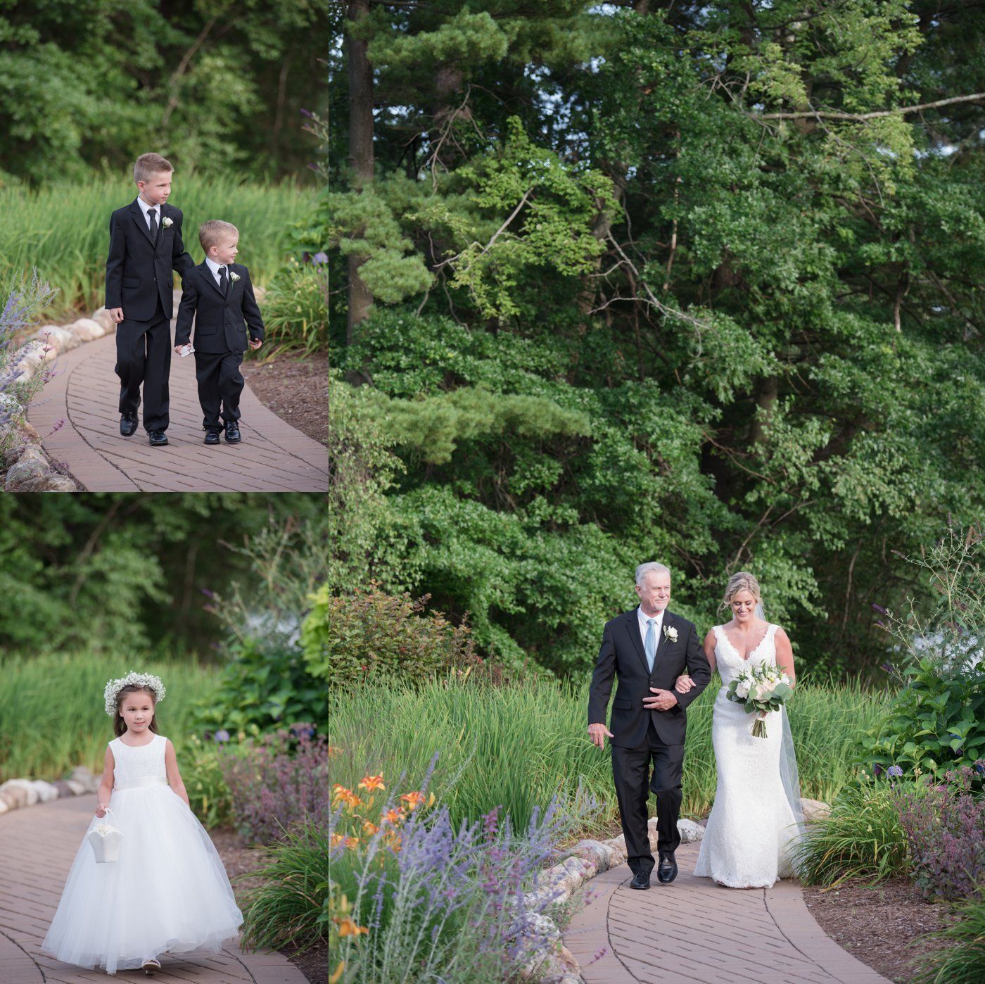Wedding collage of a bride, groom, and children posing in a garden path beside greenery and flowers