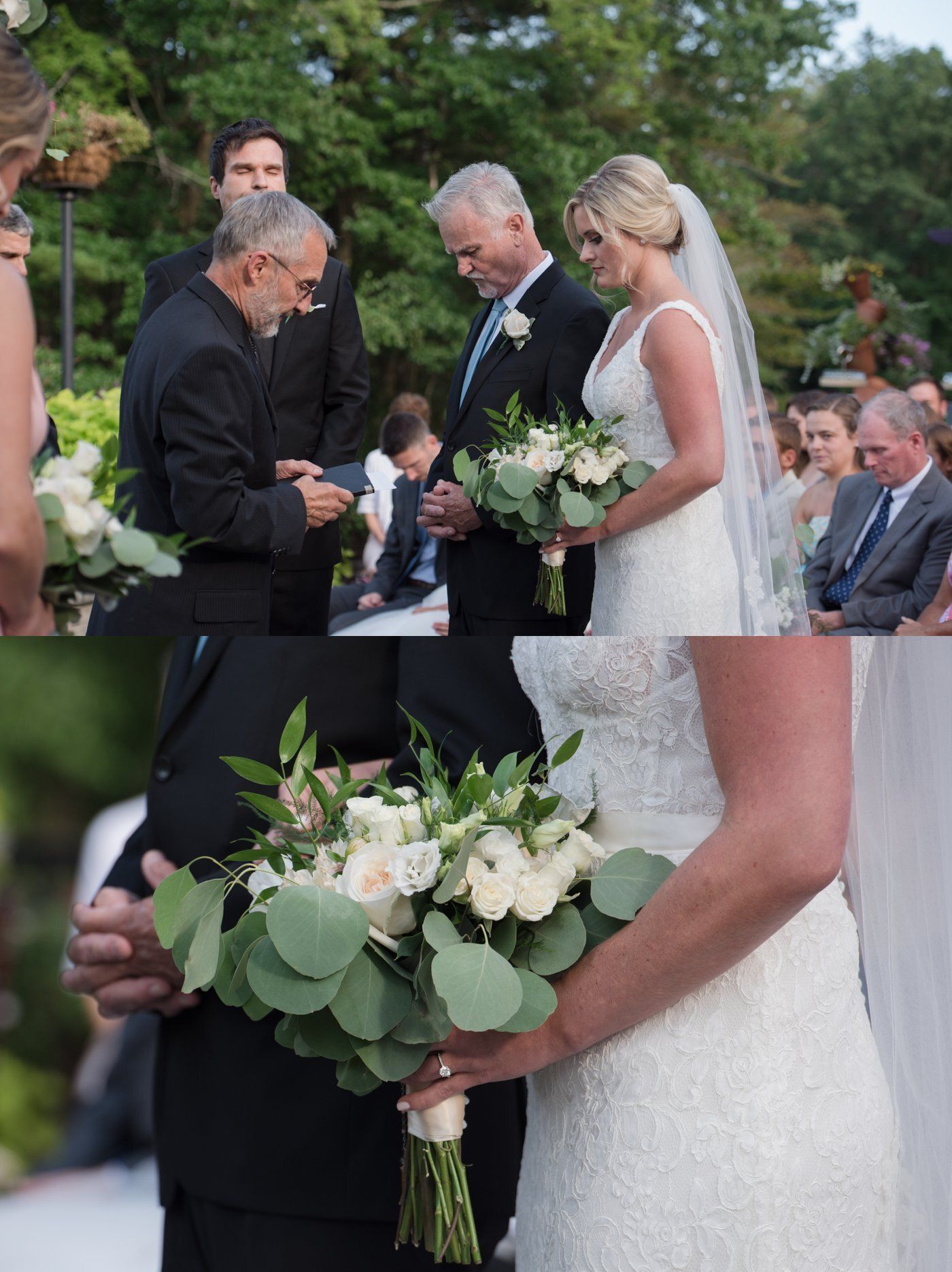 Bride in white lace dress and groom in black suit exchanging vows outdoors with officiant and bouquet holder
