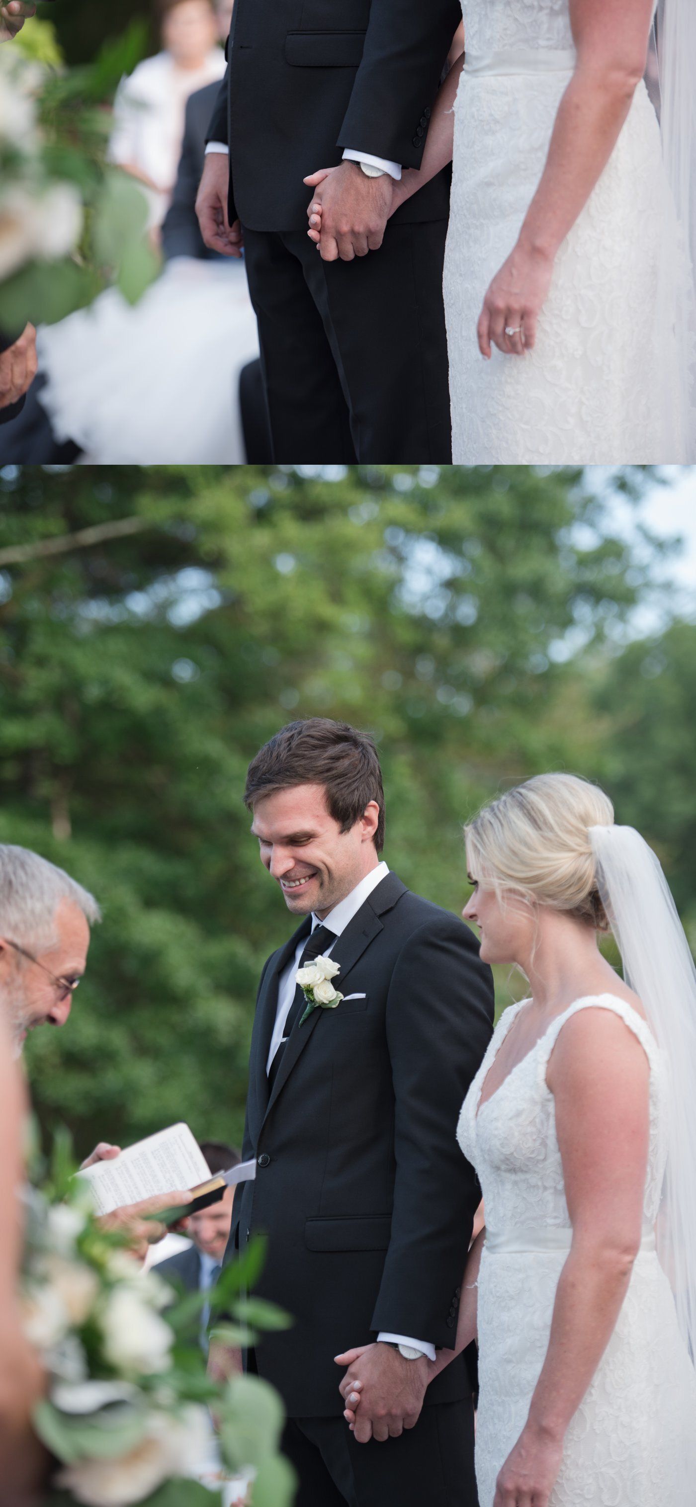 Bride and groom holding hands during wedding ceremony outdoors