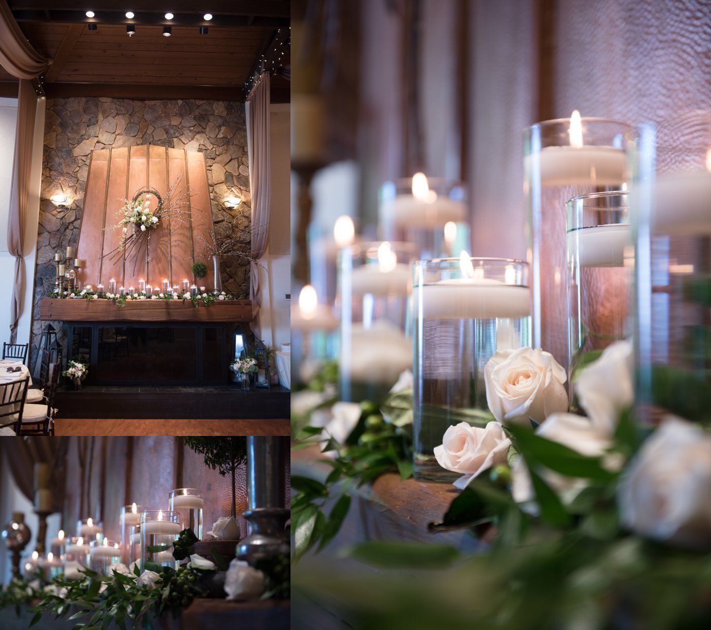 Elegant wedding altar with candles, white roses, and soft amber lighting in a dimly lit venue