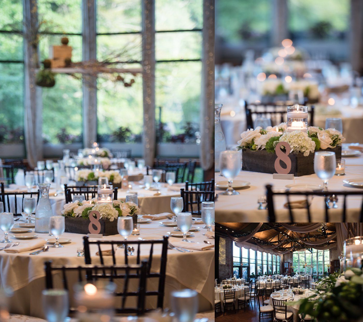 Elegant wedding reception tables with floral centerpieces in a bright, rustic venue with large windows