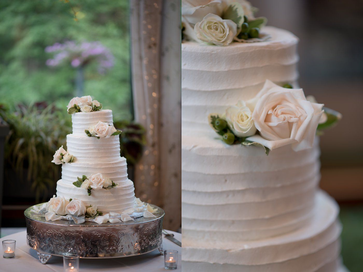 Two white tiered wedding cakes with white roses on a table outdoors