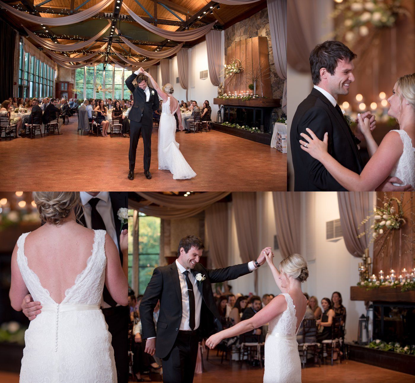 Wedding couple dancing in a decorated hall, with close-ups of their first dance and smiling embrace.