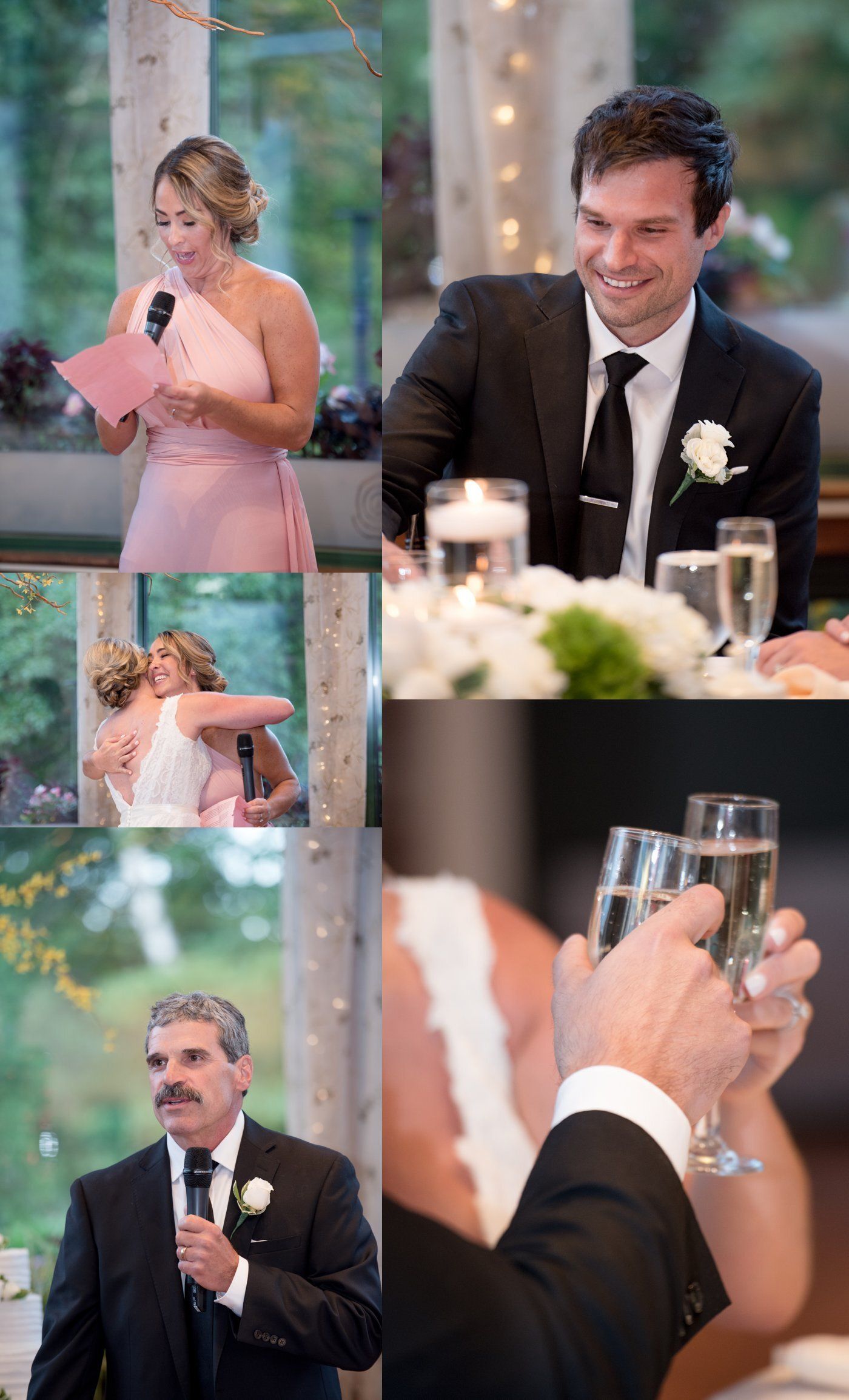 Wedding collage with speaker at podium, bride reading notes, groom smiling, and champagne glasses raised