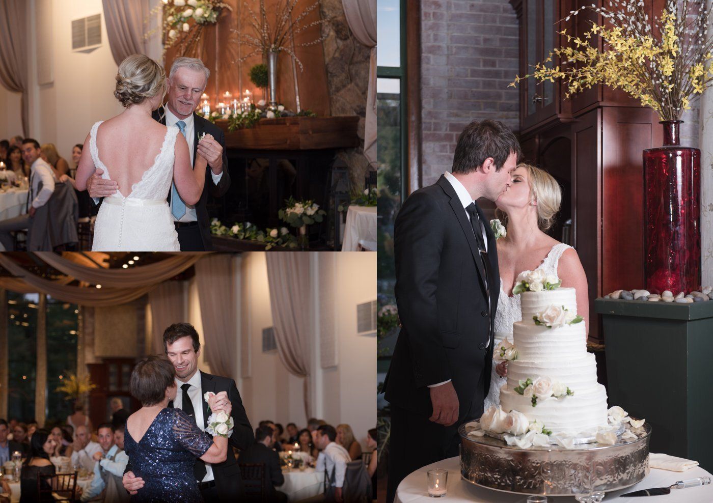 Wedding collage: couple kisses by cake, dances, and shares a toast in a warmly lit reception hall