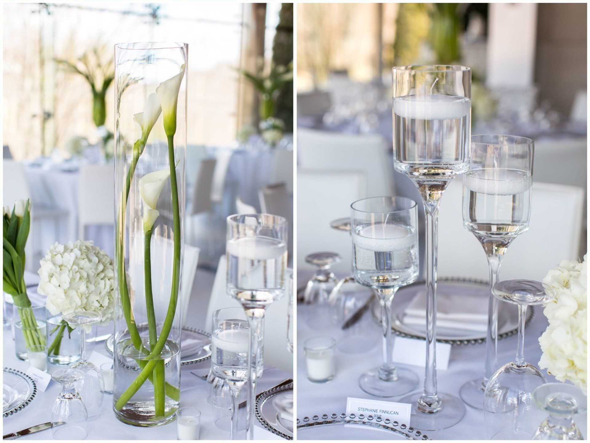Elegant white table setting with tall glass vases, candles, and water goblets on a decorated table