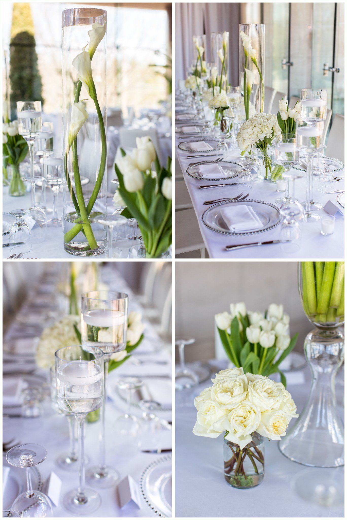 Elegant white floral table settings with candles and glassware on a bright reception table