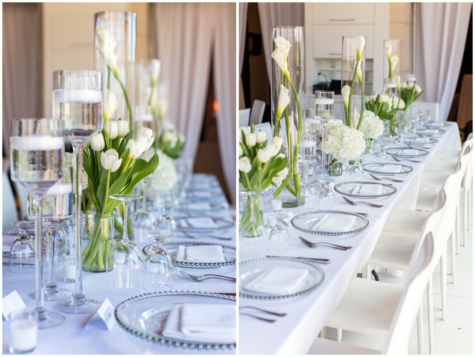 Elegant white banquet table set with glassware, silver plates, and white floral centerpieces
