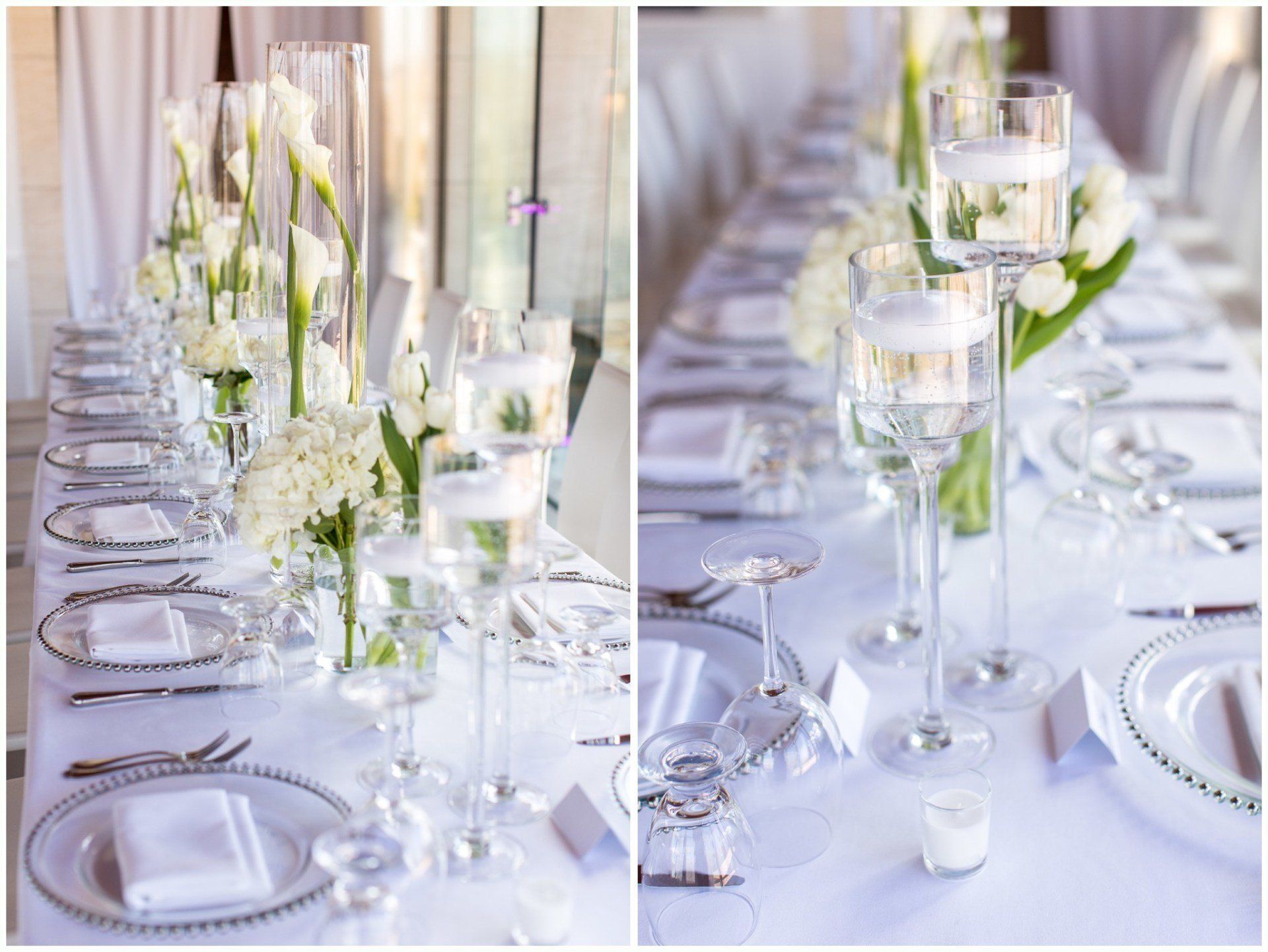 Elegant white wedding table setting with glassware, candles, and floral centerpieces
