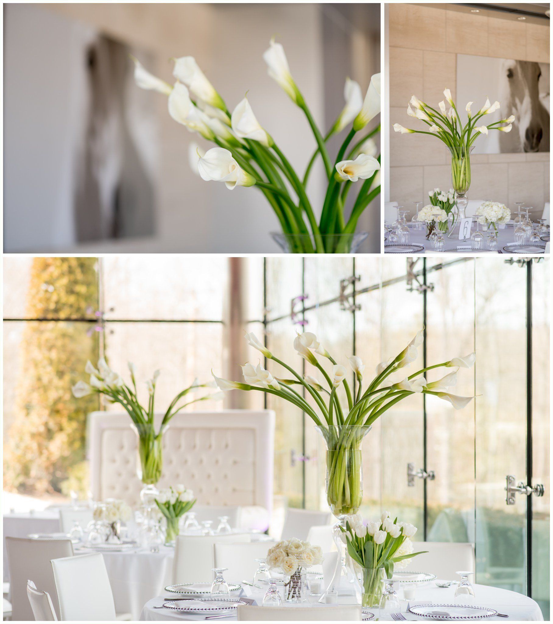 Elegant white floral table arrangements in a bright, modern event space with glass walls