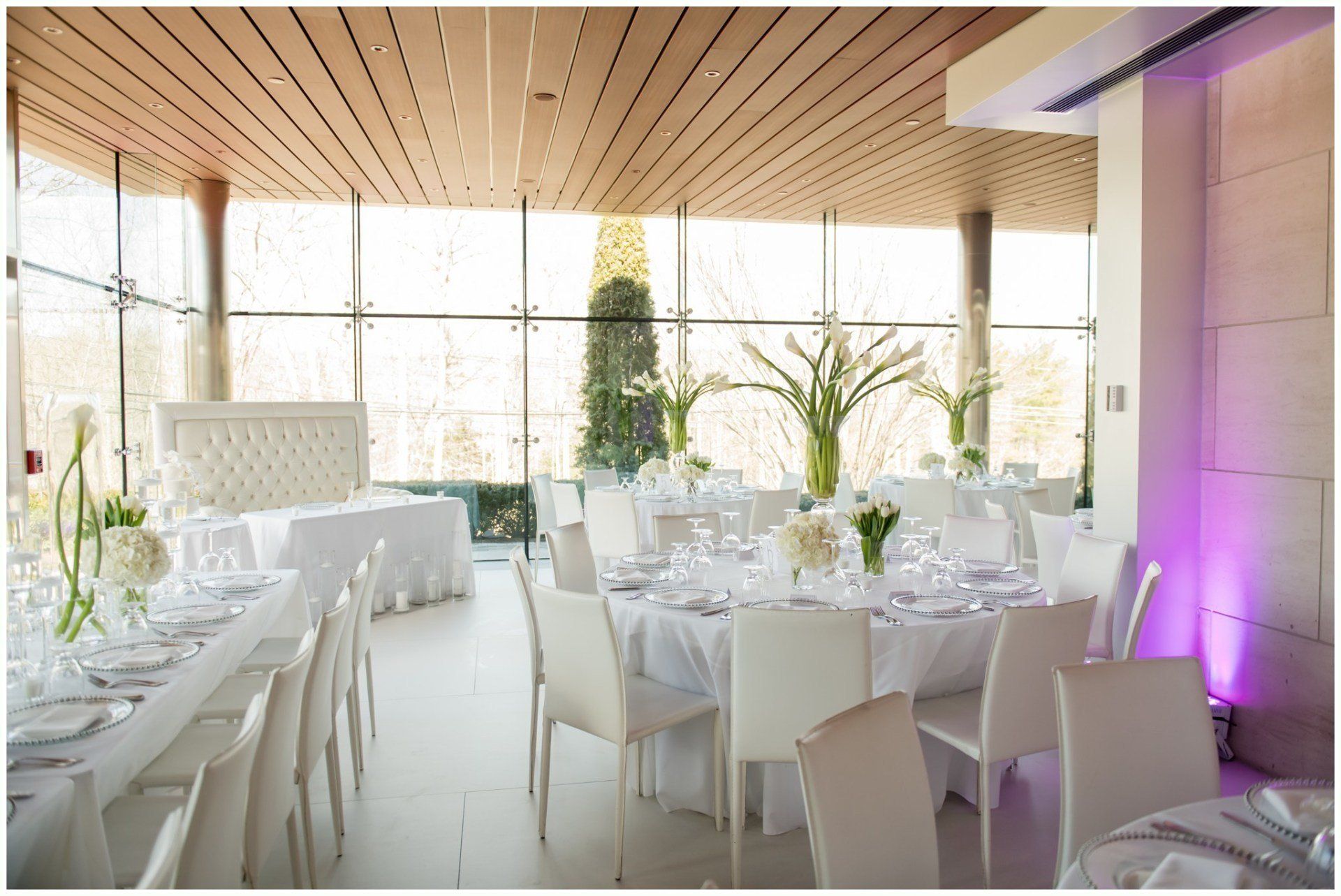 Elegant white banquet hall with round tables, chairs, and purple accent lighting by large windows