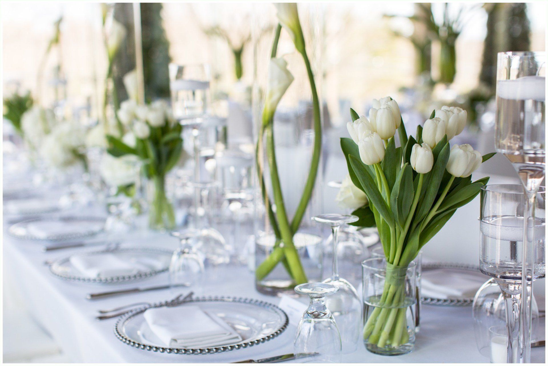 Elegant white banquet table with glassware, silverware, and small white flower arrangements