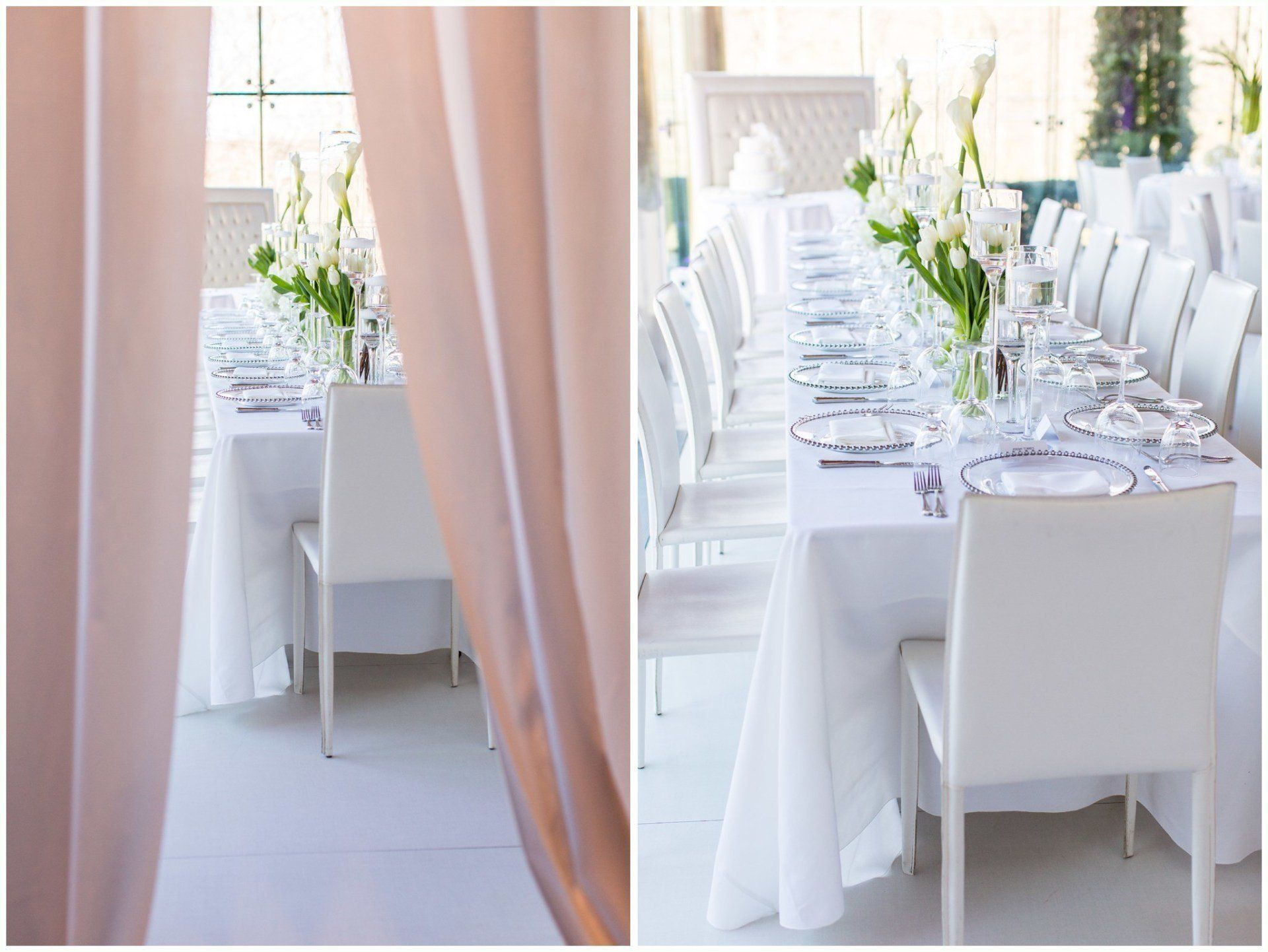 Elegant white banquet tables set for an event, with pink drapes and floral centerpieces in a bright room