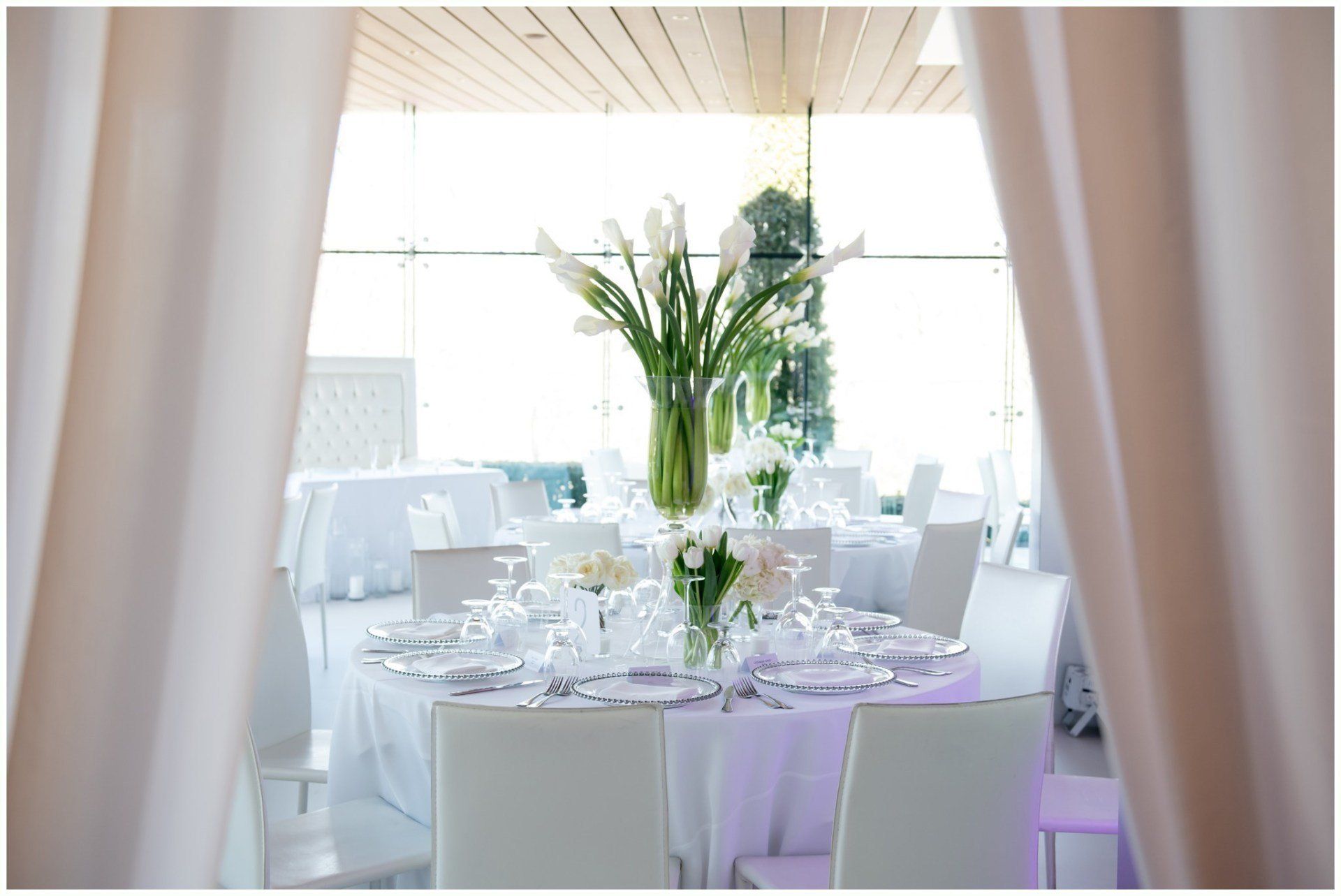 Elegant white banquet table set in a bright room, with tall green floral centerpieces and sheer curtains