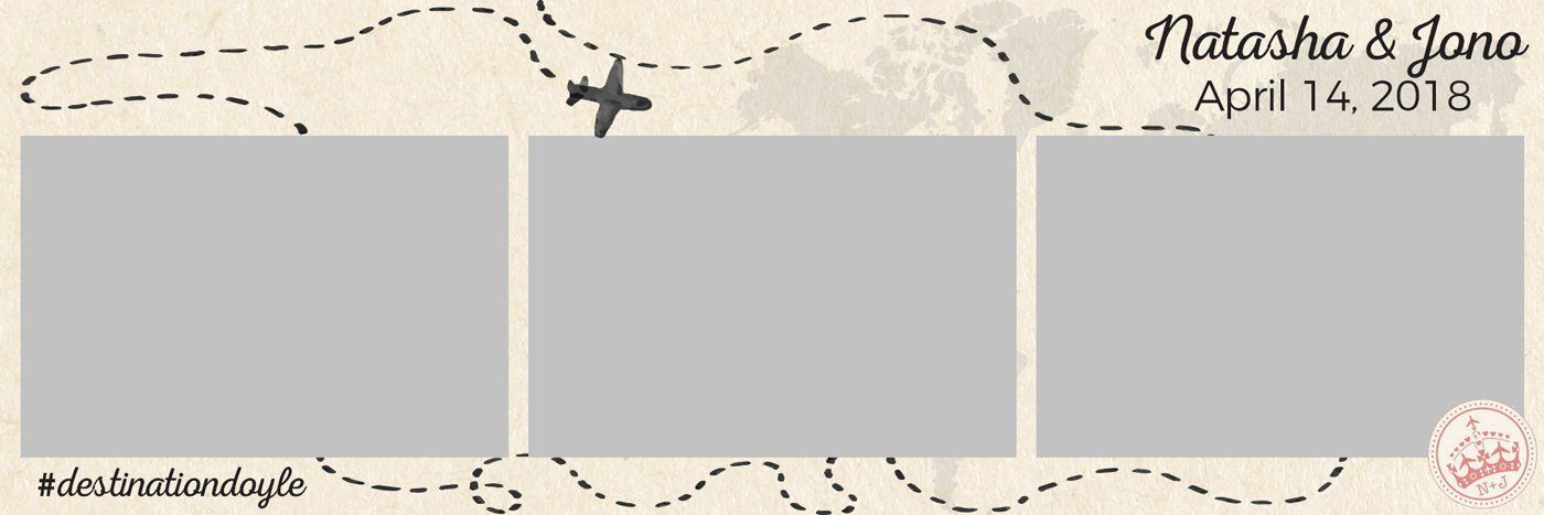 Three gray photo frames on a beige floral scrapbook page with “Natasha & Jonas April 14, 2013” at top right