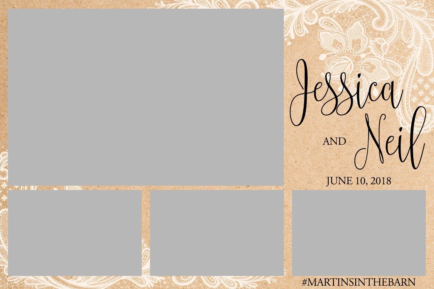 Pink damask wedding photo collage with “Jessica and Neil” and June 16, 2018 text
