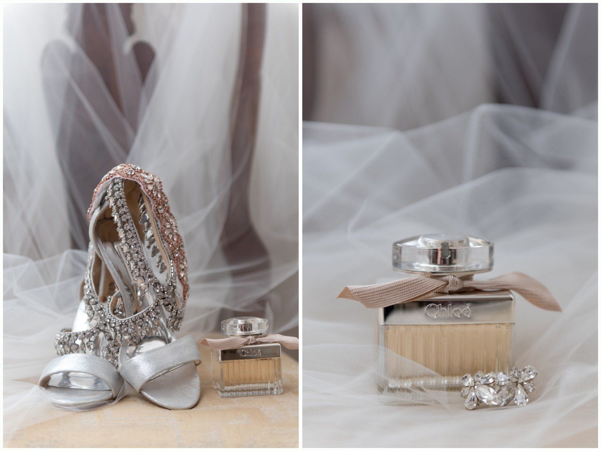 Bridal shoes with jeweled heel and ring box, arranged on soft tulle in a pastel wedding scene