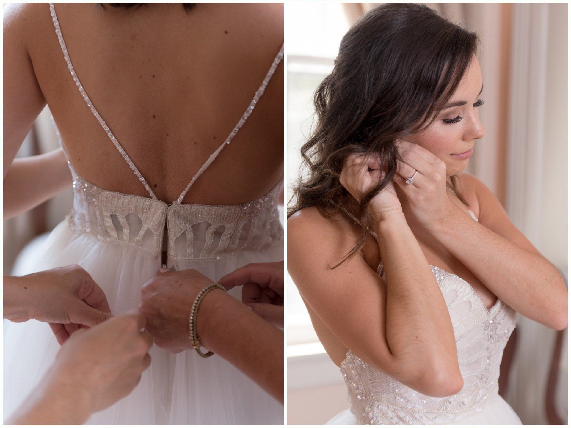 Wedding dress being buttoned up at the back while the bride adjusts her hair in a white gown.