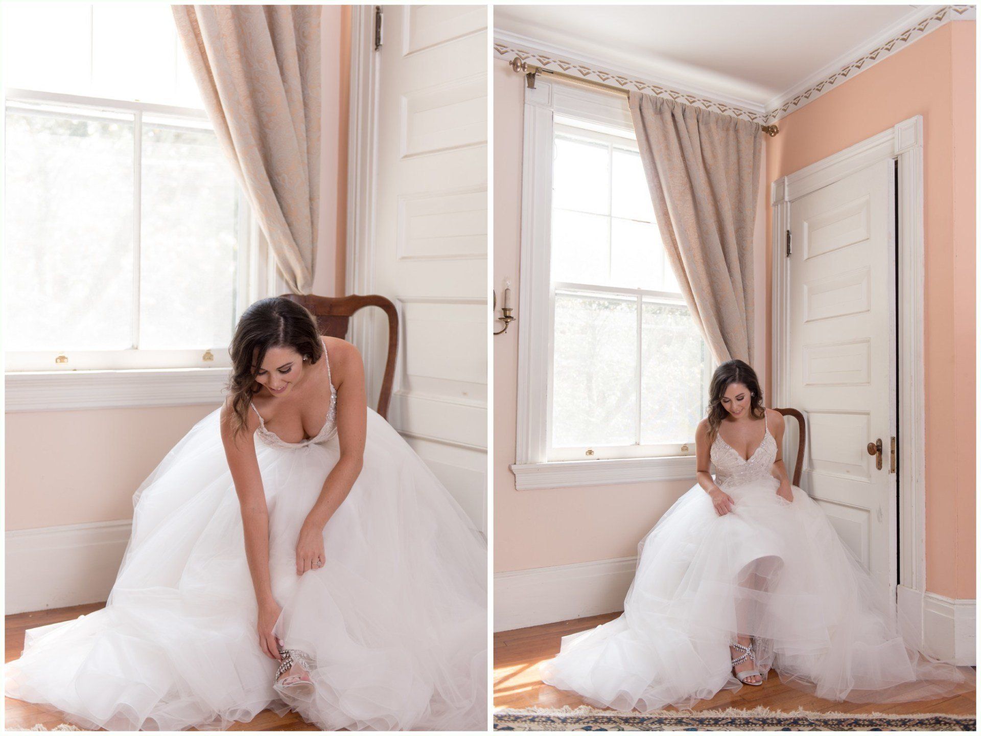 Bride in white gown seated by a window in a pastel bedroom, adjusting her dress