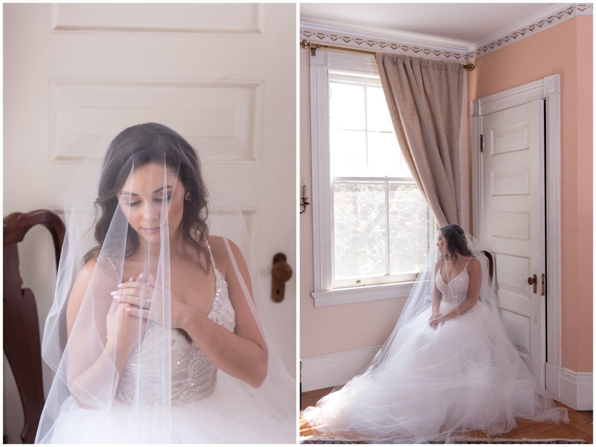 Bride in a white gown and veil, looking down in a softly lit pastel bedroom by a window.