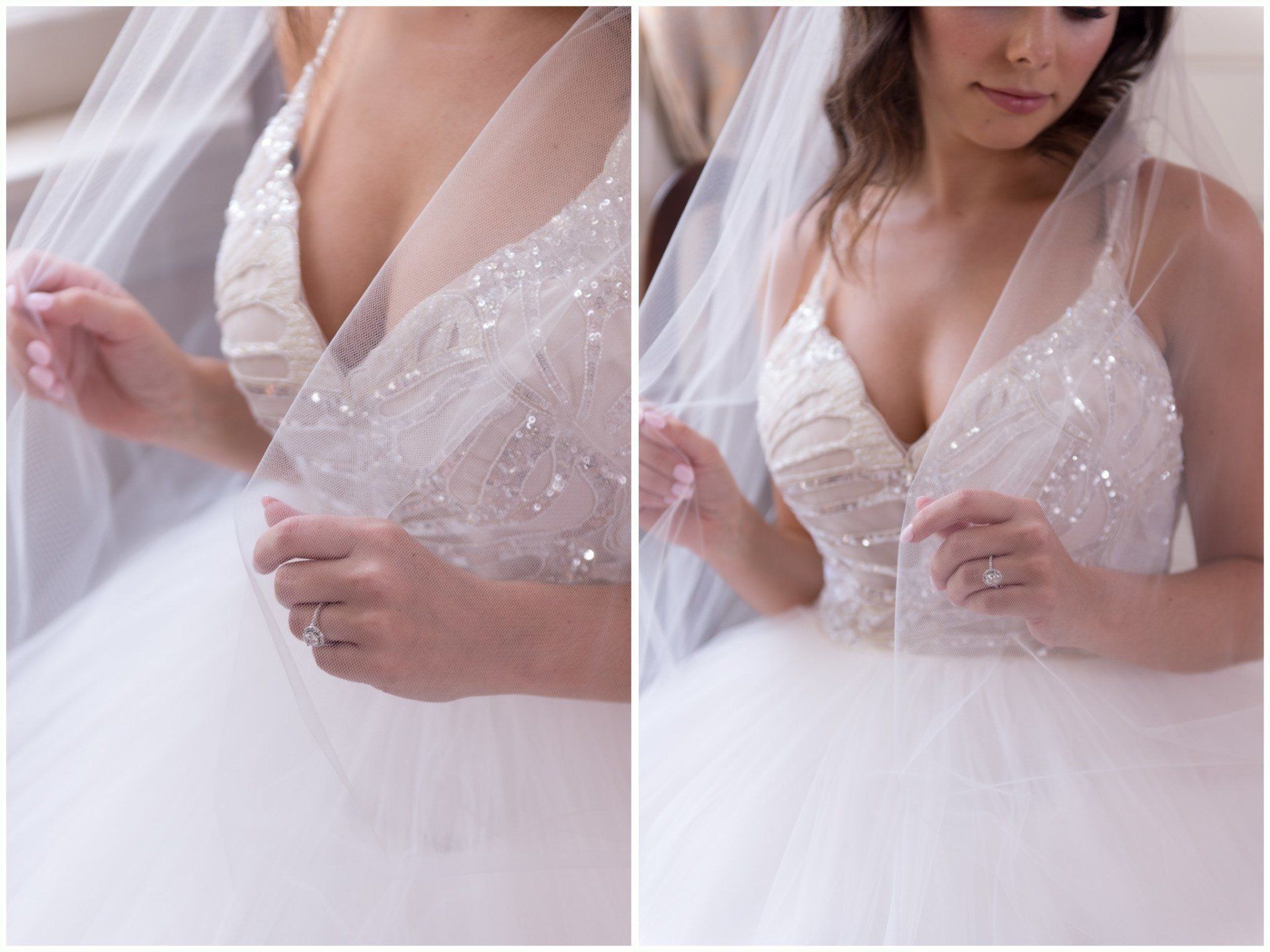 Bride adjusting a sparkling white wedding dress and veil in a close-up shot