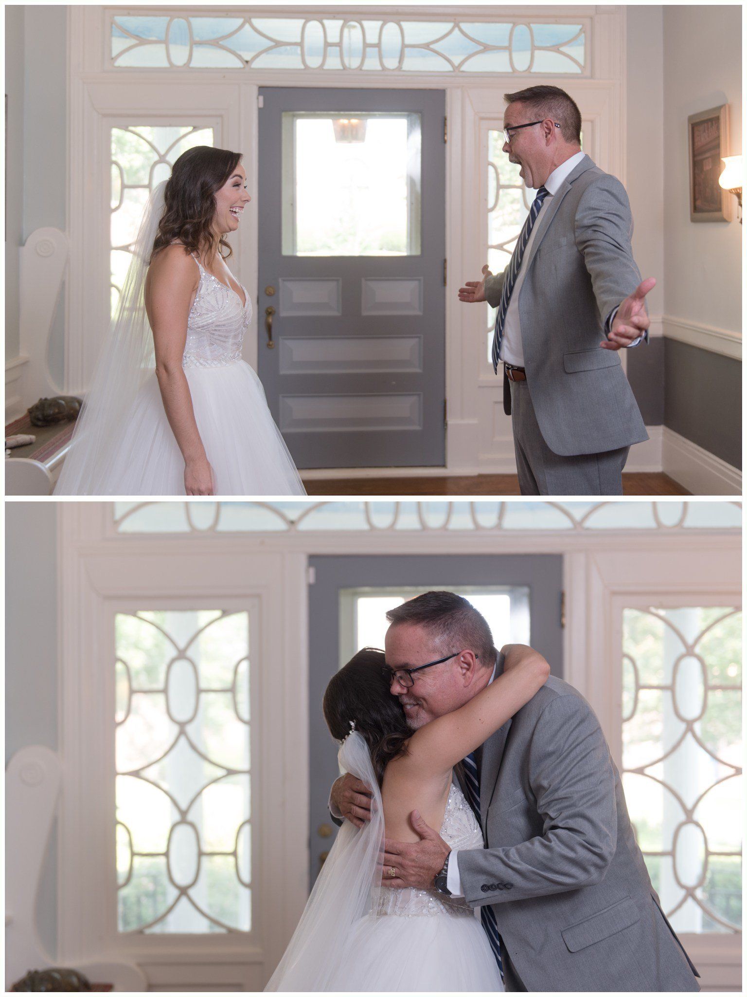 Bride hugs a man in a gray suit at a doorway, with two wedding moments shown above and below.
