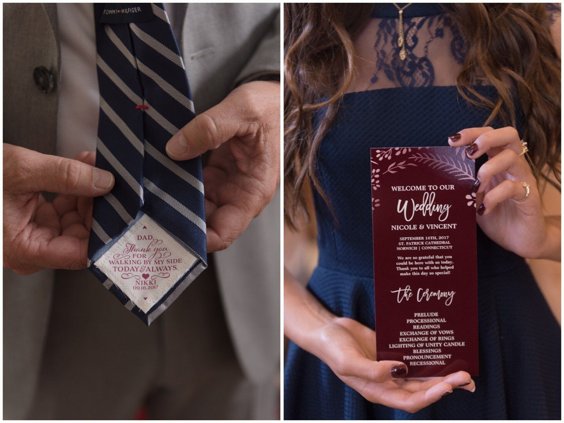 Split image of formalwear accessories: striped tie clip on suit and burgundy invitation card held by woman in navy dress