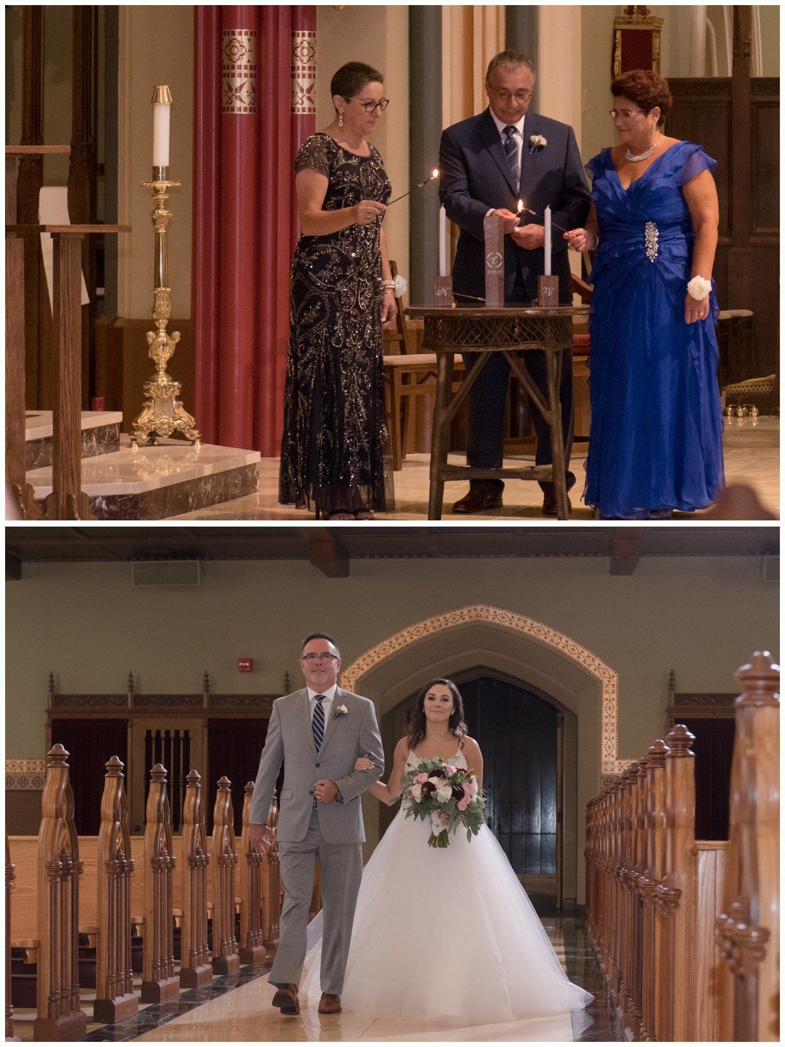 Two wedding ceremony scenes: officiants and brides at an altar in a church.