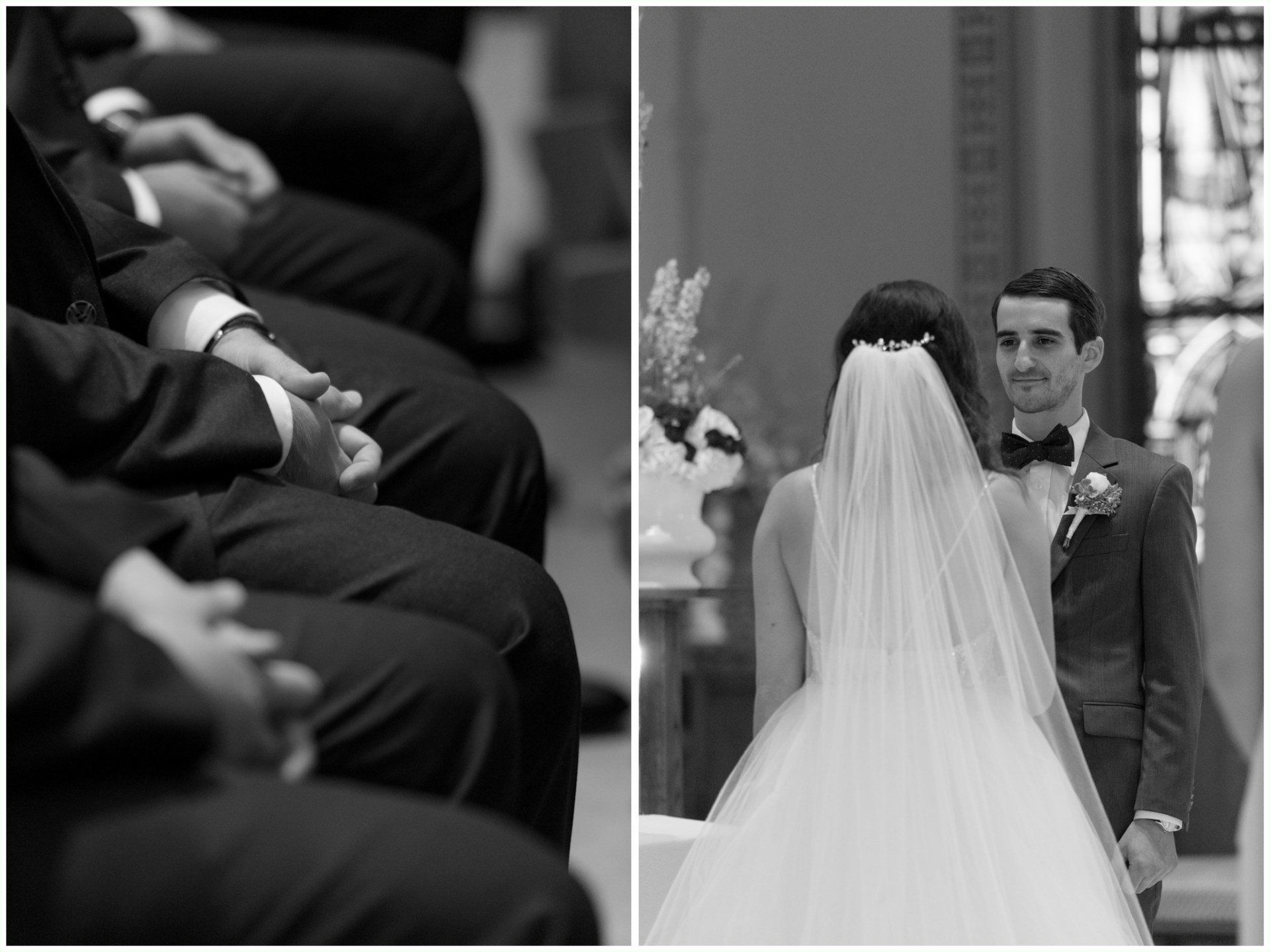 Black-and-white wedding scene: bride faces groom at altar; blurred seated guests in foreground.